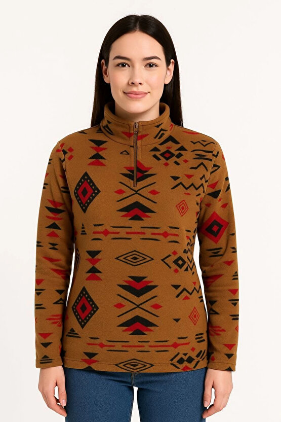 Kadın Yarım Fermuarlı Desenli Polar Sweat Tribal Etnik Desen Yakalı, Uzun Kollu, Oversize Rahat Kalı
