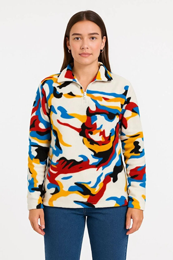 Kadın Yarım Fermuarlı Desenli Polar Sweat – Renkli Abstract Desen Yakalı, Uzun Kollu, Oversize Rahat