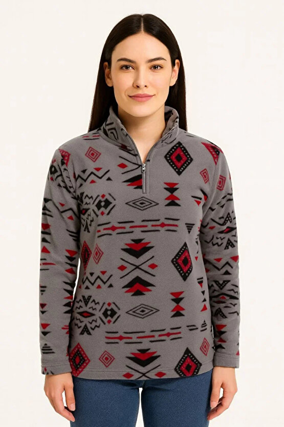 Kadın Yarım Fermuarlı Desenli Polar Sweat Tribal Etnik Desen Yakalı, Uzun Kollu, Oversize Rahat Kalı