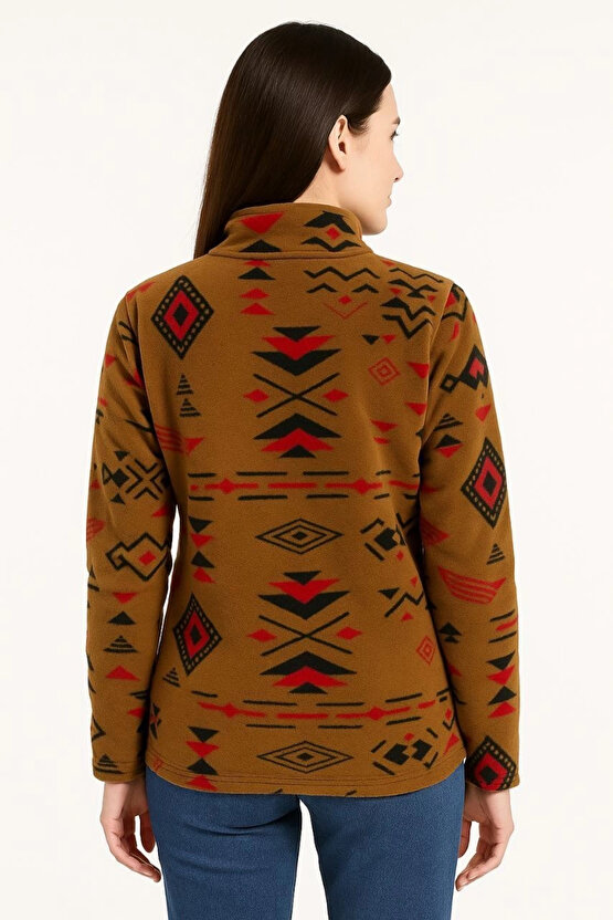 Kadın Yarım Fermuarlı Desenli Polar Sweat Tribal Etnik Desen Yakalı, Uzun Kollu, Oversize Rahat Kalı