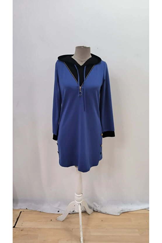 Kadın Uzun Kollu Kapşonlu önden Fermuarlı Düğmeli Mini Iki Iplik Elbise