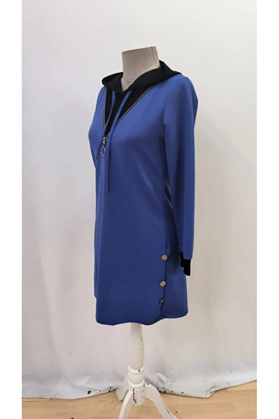 Kadın Uzun Kollu Kapşonlu önden Fermuarlı Düğmeli Mini Iki Iplik Elbise