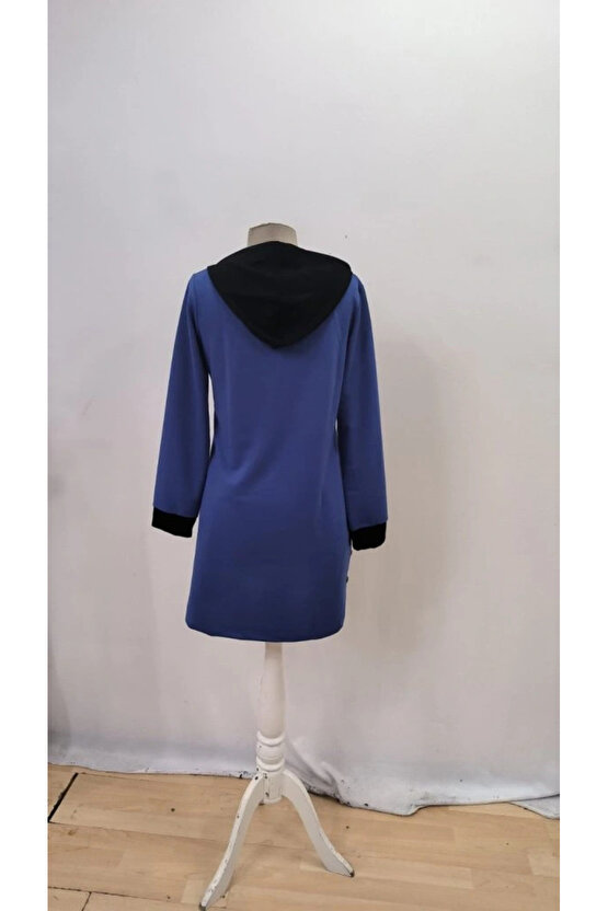 Kadın Uzun Kollu Kapşonlu önden Fermuarlı Düğmeli Mini Iki Iplik Elbise