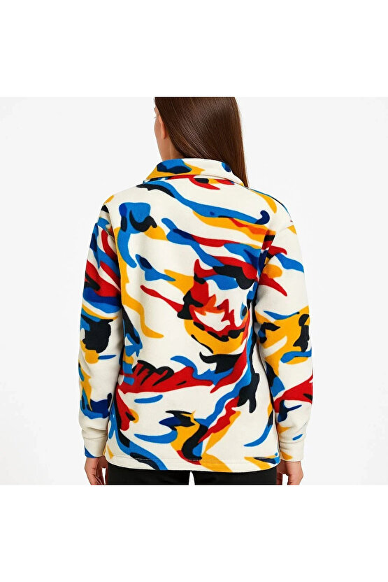 Kadın Yarım Fermuarlı Desenli Polar Sweat – Renkli Abstract Desen Yakalı, Uzun Kollu, Oversize Rahat