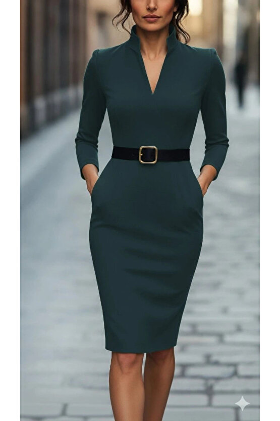 Kadın Uzun Kollu Hakim Yaka Beli Kemerli Cepli Midi Ithal Krep Elbise