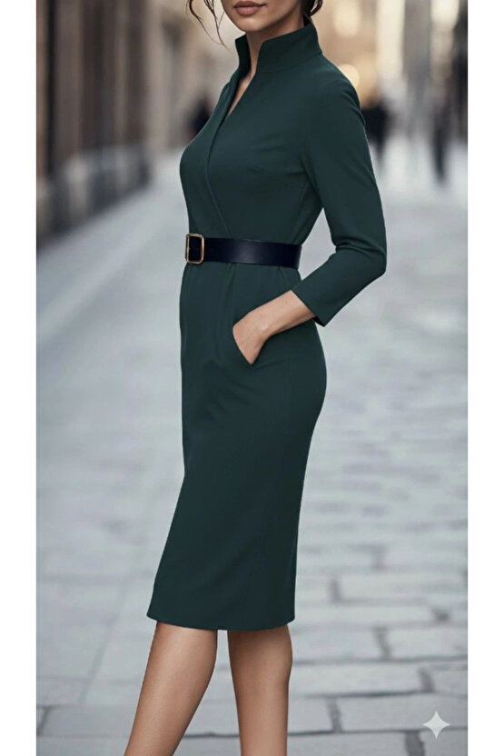 Kadın Uzun Kollu Hakim Yaka Beli Kemerli Cepli Midi Ithal Krep Elbise