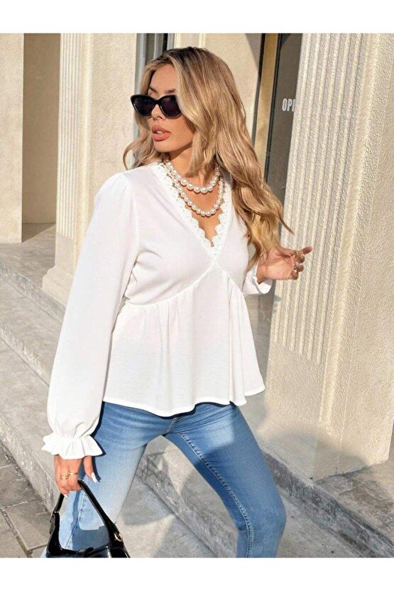 Kadın Uzun Kollu V Dantel Yaka Aerobin Bluz