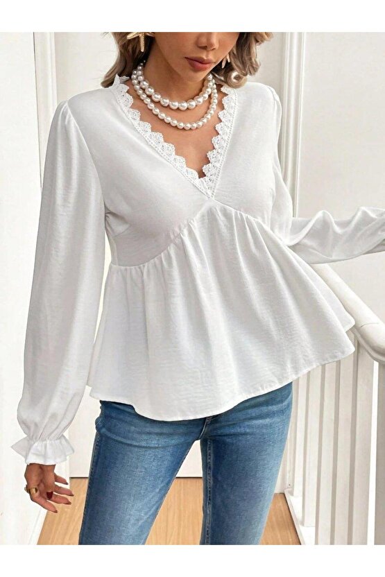 Kadın Uzun Kollu V Dantel Yaka Aerobin Bluz