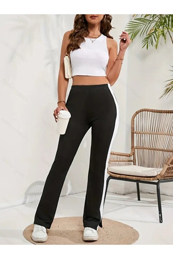 Kadın Yüksek Bel Yan şerit Detaylı Yırtmaçlı Viskon Iki Iplik Pantolon