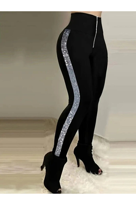 Kadın Yüksek Bel Yan şerit Detaylı Dalgıç Tayt