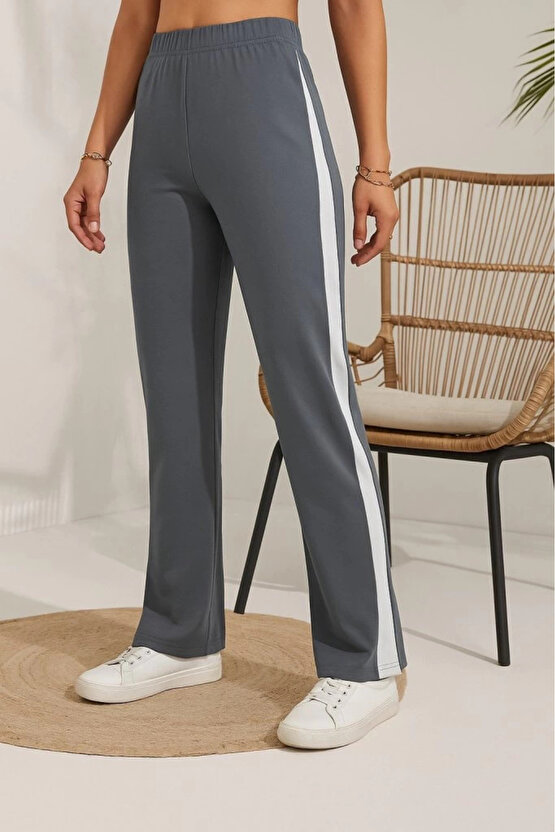 Kadın Yüksek Bel Yan şerit Detaylı Yırtmaçlı Viskon Iki Iplik Pantolon