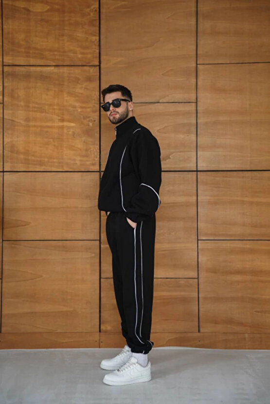 Erkek Premium Parçalı Eşofman Takım - Dik Yaka Fermuarlı Biyeli Sweatshirt Lastik Paça Alt, Oversize
