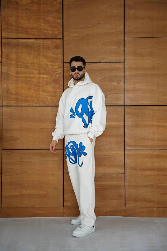 Erkek Kapüşonlu Eşofman Takım Graffiti Baskılı Oversize Rahat Kalıp, Kanguru Cepli, Streetwear Tarz