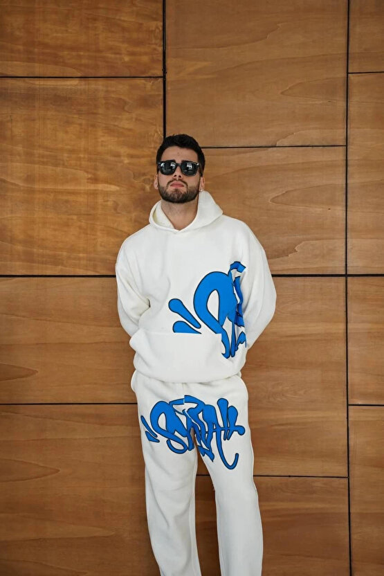 Erkek Kapüşonlu Eşofman Takım Graffiti Baskılı Oversize Rahat Kalıp, Kanguru Cepli, Streetwear Tarz