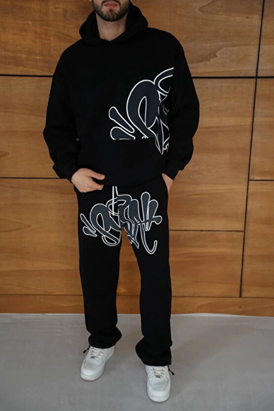 MDB Erkek Kapüşonlu Eşofman Takım Graffiti Baskılı Oversize Rahat Kalıp, Kanguru Cepli, treetwear Ta