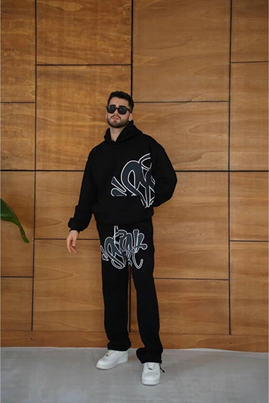 MDB Erkek Kapüşonlu Eşofman Takım Graffiti Baskılı Oversize Rahat Kalıp, Kanguru Cepli, treetwear Ta