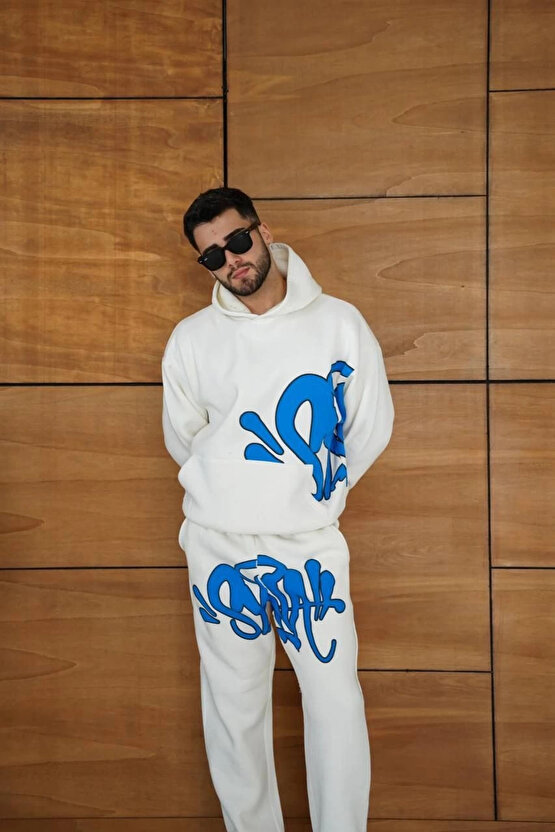 Erkek Kapüşonlu Eşofman Takım Graffiti Baskılı Oversize Rahat Kalıp, Kanguru Cepli, Streetwear Tarz