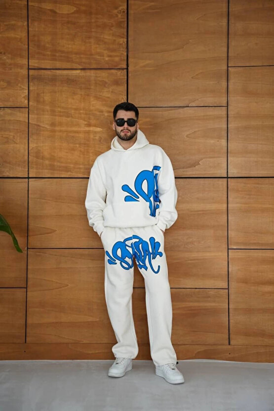 Erkek Kapüşonlu Eşofman Takım Graffiti Baskılı Oversize Rahat Kalıp, Kanguru Cepli, Streetwear Tarz