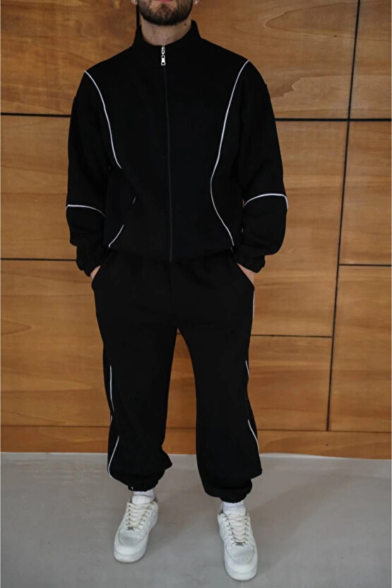 Erkek Premium Parçalı Eşofman Takım - Dik Yaka Fermuarlı Biyeli Sweatshirt Lastik Paça Alt, Oversize