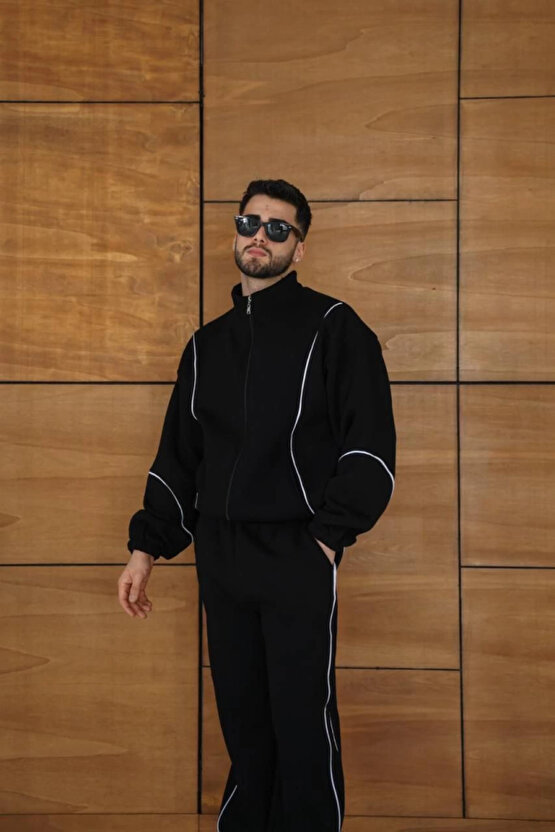 Erkek Premium Parçalı Eşofman Takım - Dik Yaka Fermuarlı Biyeli Sweatshirt Lastik Paça Alt, Oversize