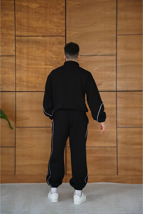 Erkek Premium Parçalı Eşofman Takım - Dik Yaka Fermuarlı Biyeli Sweatshirt Lastik Paça Alt, Oversize