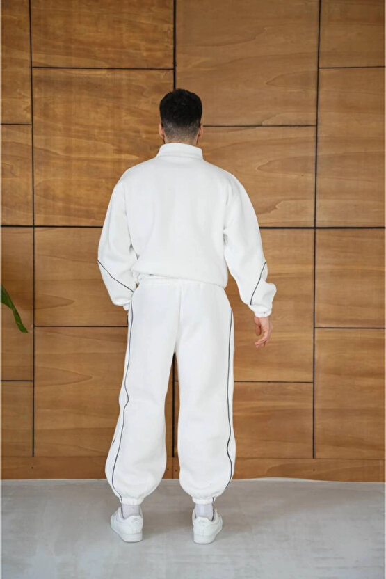 Erkek Premium Parçalı Eşofman Takım - Dik Yaka Fermuarlı Biyeli Sweatshirt Lastik Paça Alt, Oversize