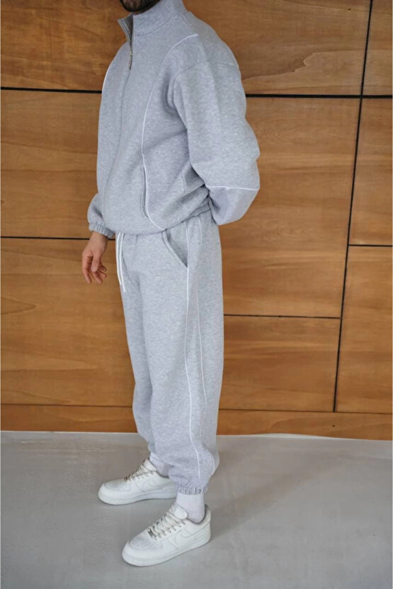 Erkek Premium Parçalı Eşofman Takım - Dik Yaka Fermuarlı Biyeli Sweatshirt Lastik Paça Alt, Oversize