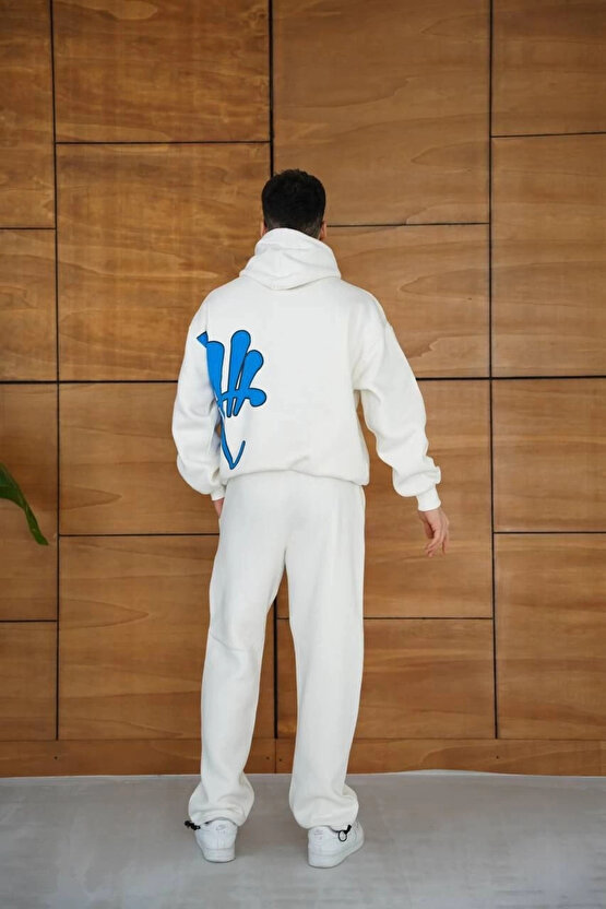 Erkek Kapüşonlu Eşofman Takım Graffiti Baskılı Oversize Rahat Kalıp, Kanguru Cepli, Streetwear Tarz