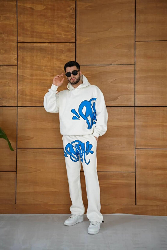 Erkek Kapüşonlu Eşofman Takım Graffiti Baskılı Oversize Rahat Kalıp, Kanguru Cepli, Streetwear Tarz