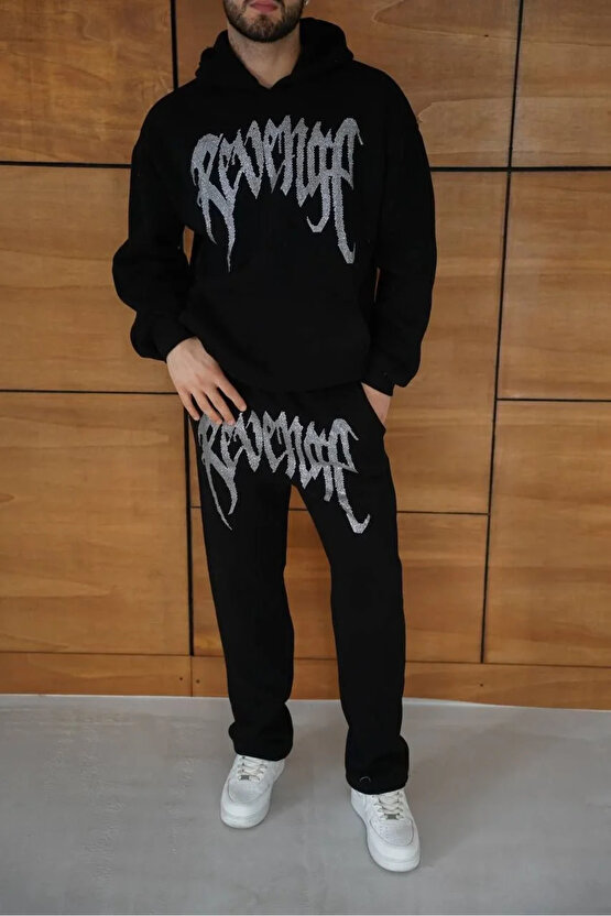 Erkek Premium Taş Baskılı Eşofman Takım Revenge Model (Siyah) Kapüşonlu Üst + Taşlı Baskılı Alt Mode