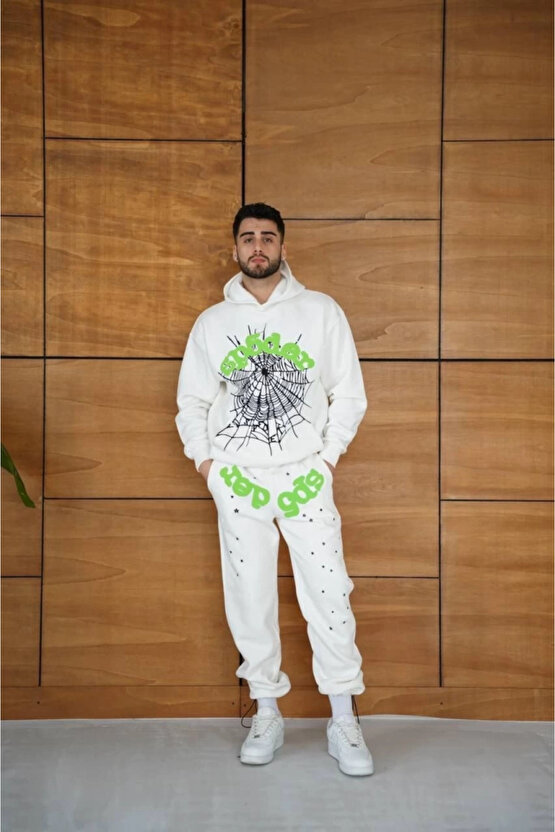 MDB Erkek Kapüşonlu Eşofman Takım Örümcek Ağı Ve Neon Yeşil Baskılı Kanguru Cepli Oversize Rahat Kal