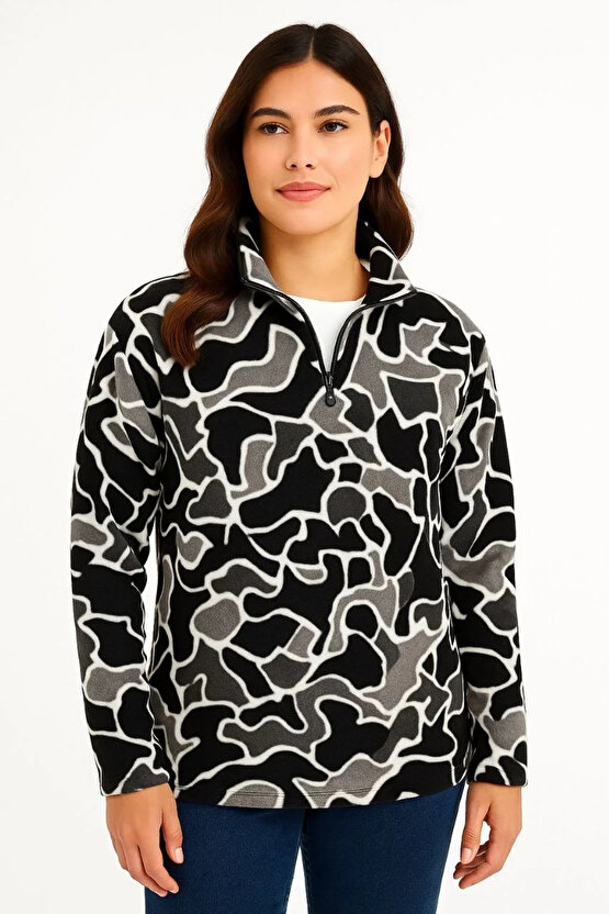 KADIN Yarım Fermuarlı Desenli Polar Sweat Yakalı, Uzun Kollu, Oversize Rahat Kalıp - Siyah