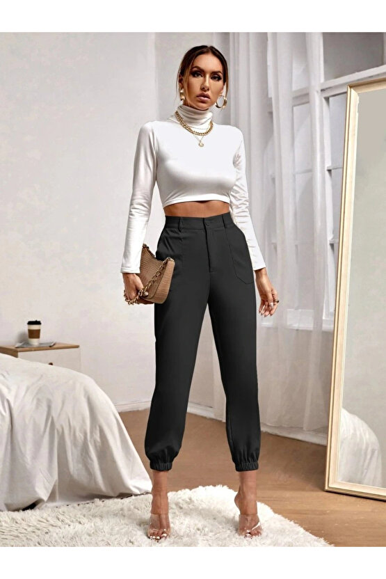 Kadın Yüksek Bel Cepli Paçası Lastikli Ithal Krep Pantolon