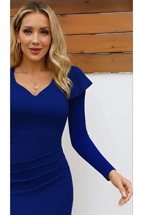 Kadın Uzun Kollu Kalp Yaka önden çapraz Detaylı Midi Ithal Krep Elbise