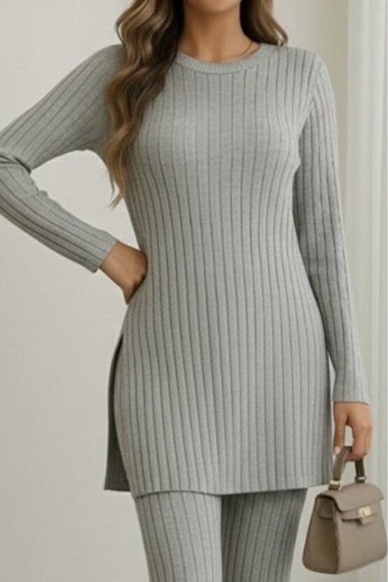 Kadın Uzun Kollu Yuvarlak Yaka Yandan Yırtmaç Detaylı şardonlu Kaşkorse Bluz Ve Pantolon Ikili Takım