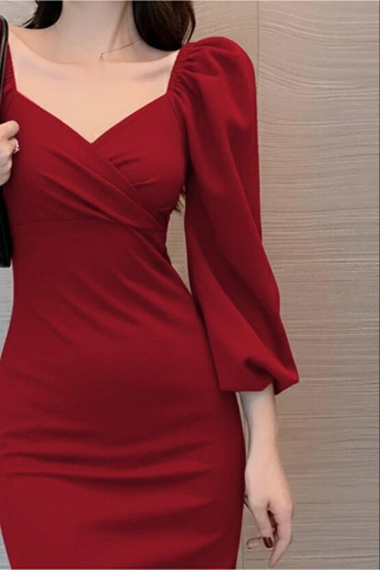 Kadın Uzun Kollu Kalp Yakalı Midi Ithal Krep Elbise