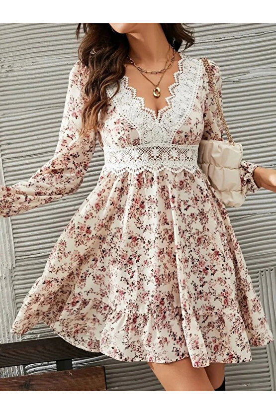 Kadın Uzun Kollu Dantel V Yakalı Mini Desenli Süprem Elbise