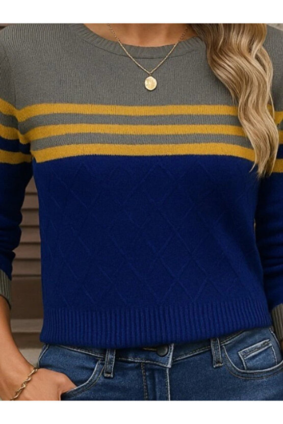 Kadın Uzun Kollu Bisiklet Yaka çok Renkli Triko Bluz