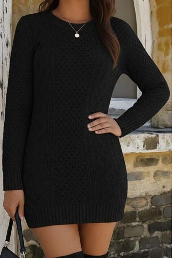 Kadın Uzun Kollu Bisiklet Yaka Triko Elbise