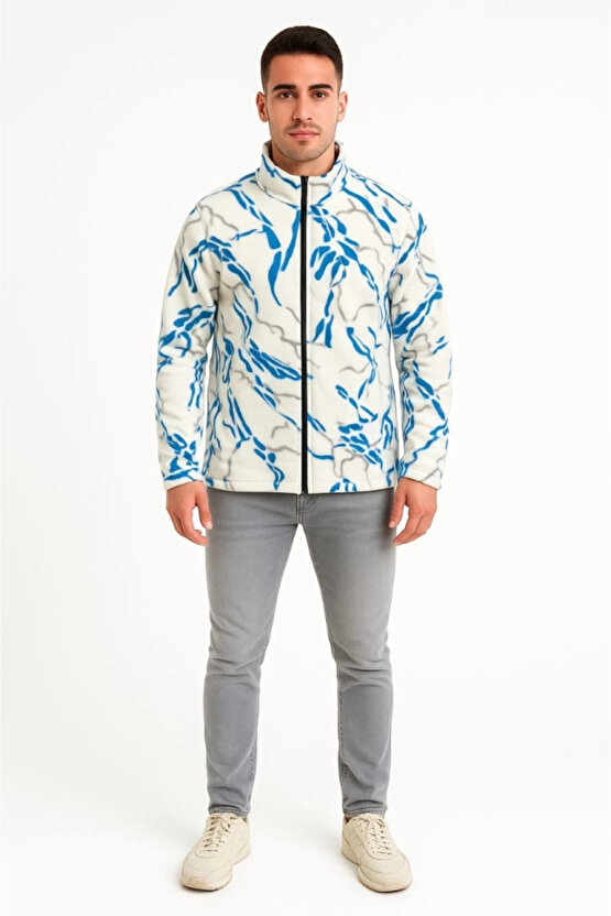 Erkek Tam Fermuarlı Desenli Polar Sweat Lightning Desen Yakalı, Uzun Kollu, Oversize Rahat Kalıp -