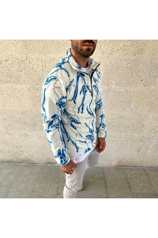 Erkek Tam Fermuarlı Desenli Polar Sweat Lightning Desen Yakalı, Uzun Kollu, Oversize Rahat Kalıp -
