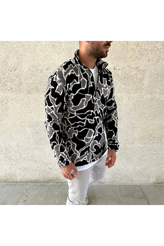 MDB Erkek Yarım Fermuarlı Desenli Polar weat Yakalı, Uzun Kollu, Oversize Rahat Kalıp iyah