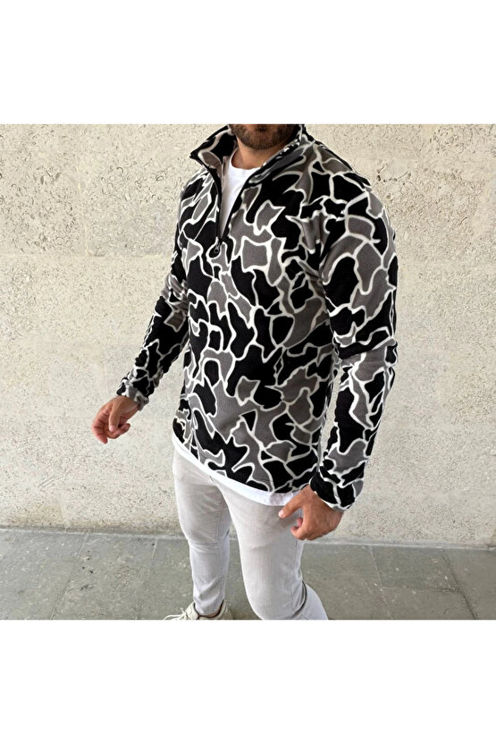 MDB Erkek Yarım Fermuarlı Desenli Polar weat Yakalı, Uzun Kollu, Oversize Rahat Kalıp iyah