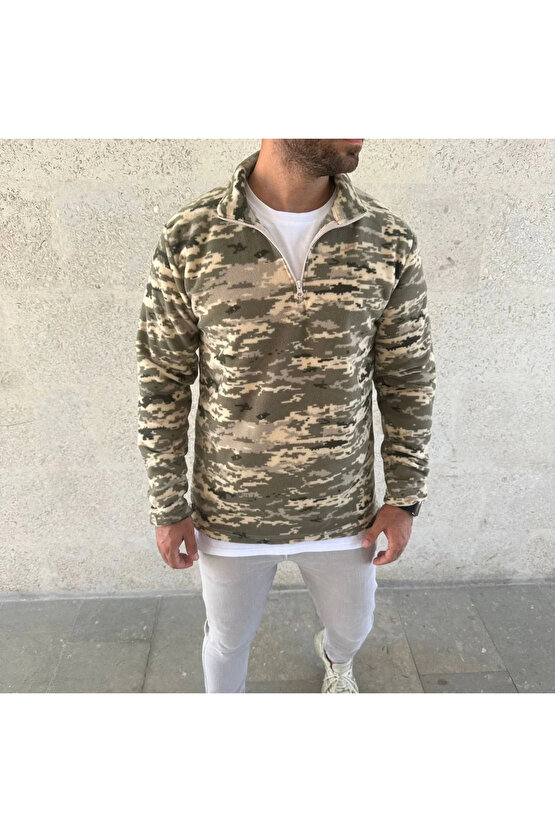 Erkek Yarım Fermuarlı Desenli Polar Sweat – Haki Kamuflaj Yakalı, Uzun Kollu, Oversize Rahat Kalıp -
