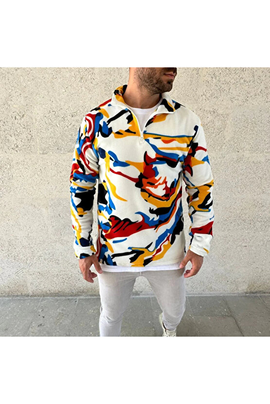Erkek Yarım Fermuarlı Desenli Polar Sweat – Renkli Abstract Desen Yakalı, Uzun Kollu, Oversize Rahat