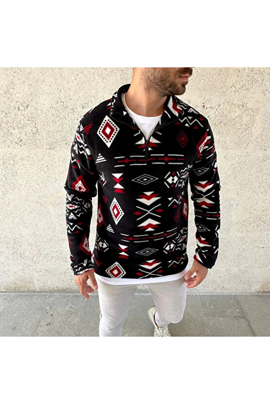 Erkek Yarım Fermuarlı Desenli Polar Sweat Tribal Etnik Desen Yakalı, Uzun Kollu, Oversize Rahat Kalı