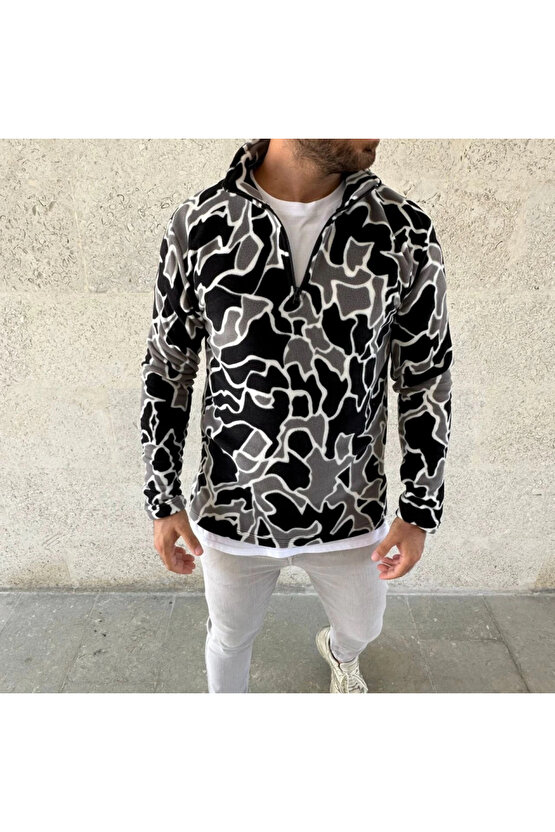 MDB Erkek Yarım Fermuarlı Desenli Polar weat Yakalı, Uzun Kollu, Oversize Rahat Kalıp iyah