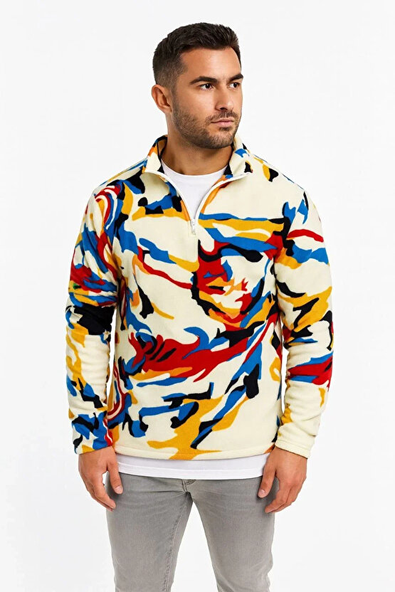 Erkek Yarım Fermuarlı Desenli Polar Sweat – Renkli Abstract Desen Yakalı, Uzun Kollu, Oversize Rahat