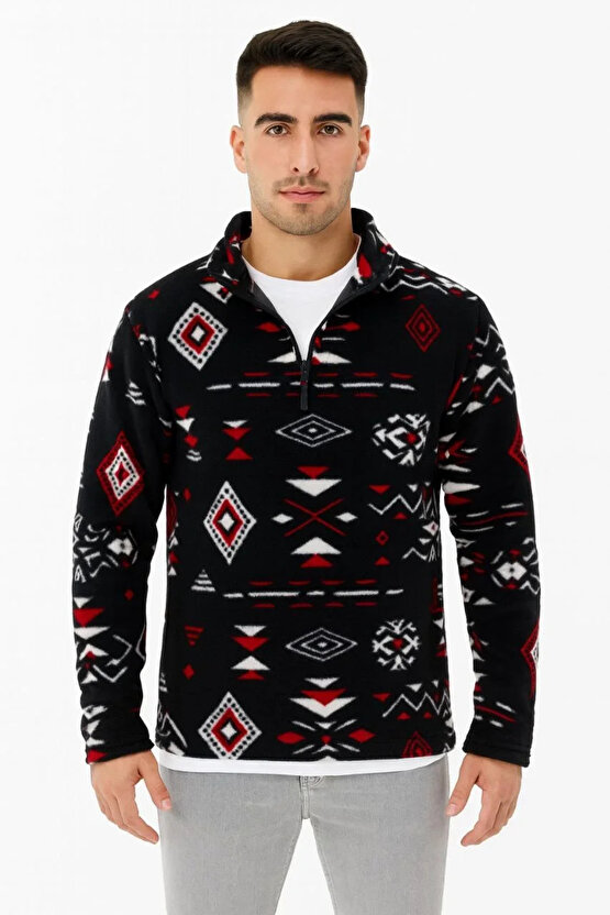 Erkek Yarım Fermuarlı Desenli Polar Sweat Tribal Etnik Desen Yakalı, Uzun Kollu, Oversize Rahat Kalı