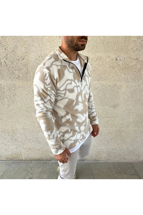 MDB Erkek Yarım Fermuarlı Desenli Polar weat Yakalı, Uzun Kollu, Oversize Rahat Kalıp Bej